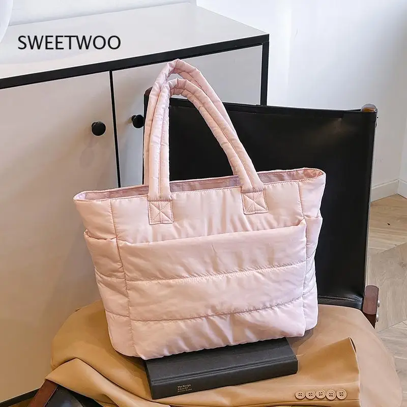 Womens Pink Quilted Tote Bag Large Capacity Puffer Shoulder Bag Casual Daily Handbag - view 4