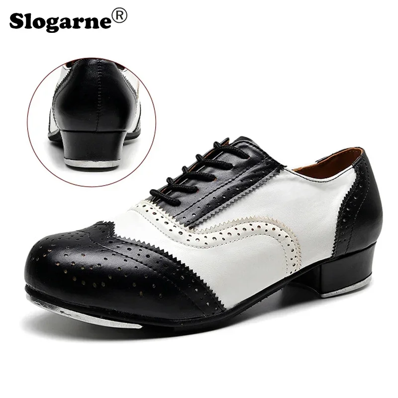 2024 New Men Tap Shoes Boys 3CM Heels Tap Shoes Man Leather Tap Dance Shoes Students Large Size 45 Dance Sneakers Drop Shipping