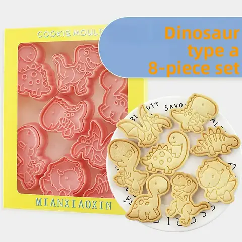 8pcs Cartoon Dinosaur Cookie Set Plastic 3D Mold for DIY Frosting Fondant Baking Kids Birthday Christmas for Gift