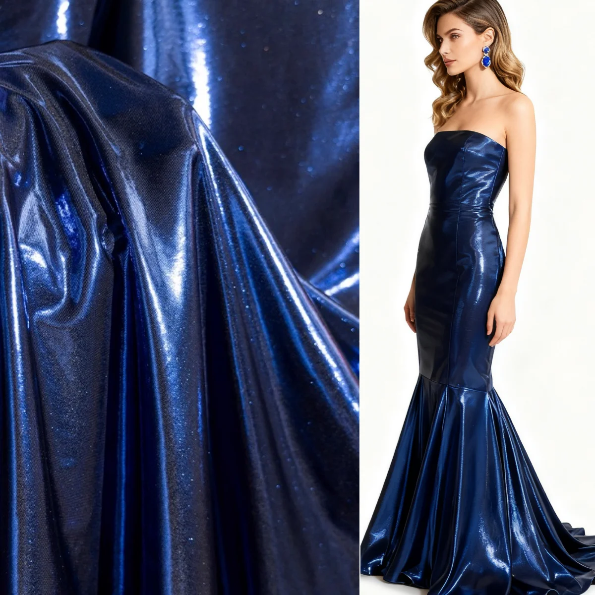 Deep blue gold-plated shiny leather, elastic knitted spandex fabric sewing evening gowns fashionable pants clothing fabrics