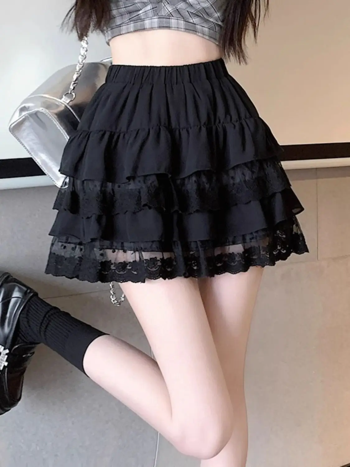 Summer Lady New White Lace Cake Elastic Waist High Waisted Appear Thin Solid Color A-line Skirt All-match Fluffy Short Skirt