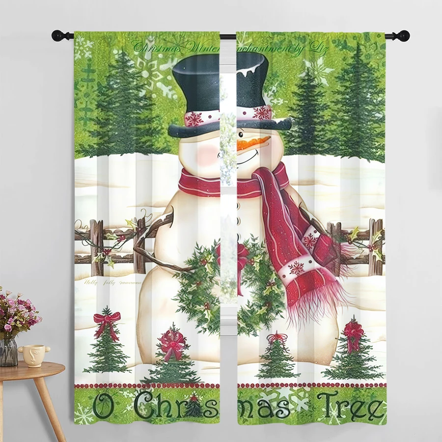 2PCS Christmas Curtains, Two Snowmen Wreaths, Digital Print, Bedroom Living Room Kitchen, Rod Pocket Polyester, Home Decor
