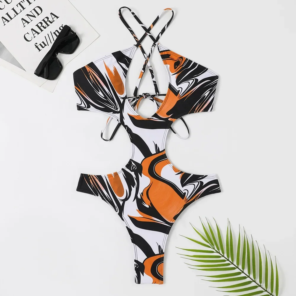 

Sexy Wave Print Backless Swimwear One Piece Swimsuits Women 2025 Cut Out Monokini High Cut Bathing Suits String Lace-up Bather