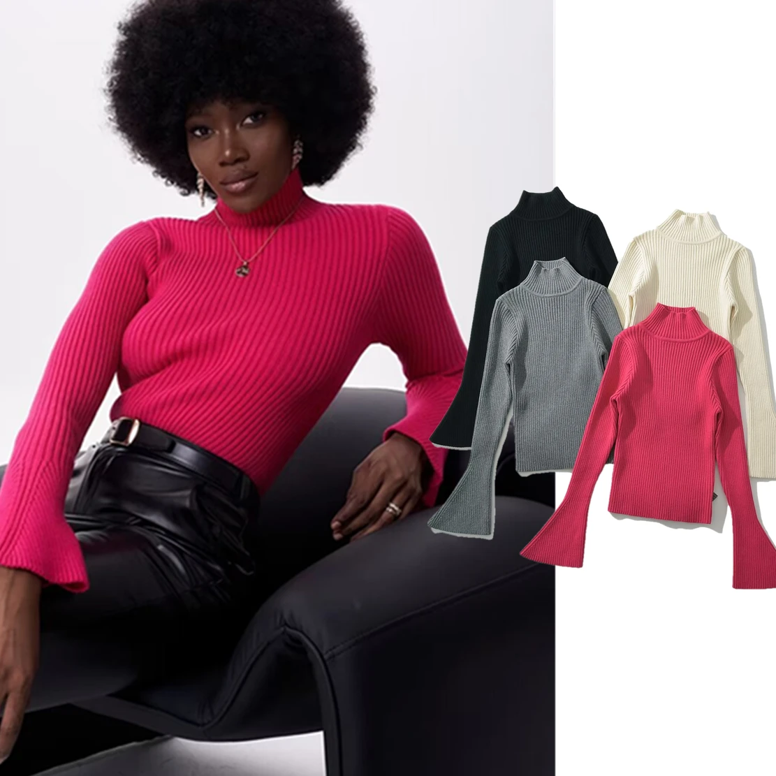 Withered French Fashion Women's Basic Knitwear Tops For Winter High Neck Flare Sleeves Elegant Pullover Sweater Women