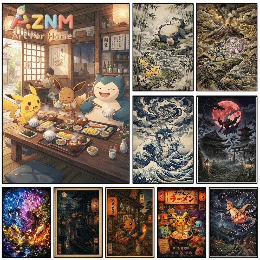 AZNM Pokemon Breakfast Japanese Vintage Style Canvas Wall Art Unframed Anime Monster Print Home Kids Bedroom Living Room Decor