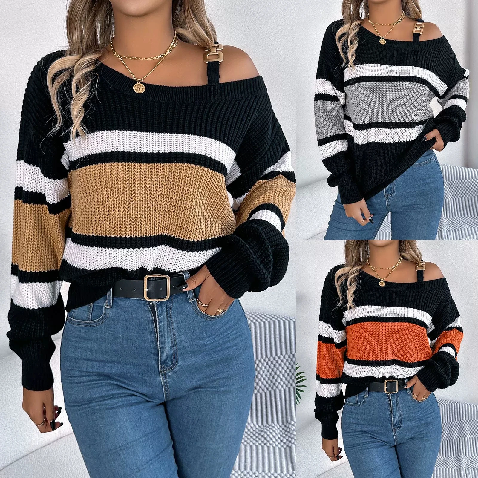 Batwing Long sleeve Knitted Pullover Women Thick Off shoulder Top Korean Fashion Sweater Loose Casual Autumn Outwear Pul