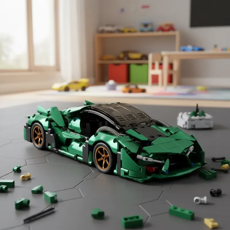 1000+ Peças de Blocos de Montar Estilo MOC Técnico, Carro Esportivo Verde Super Racing, Modelo de Decoração de Mesa DIY, Presentes de Aniversário