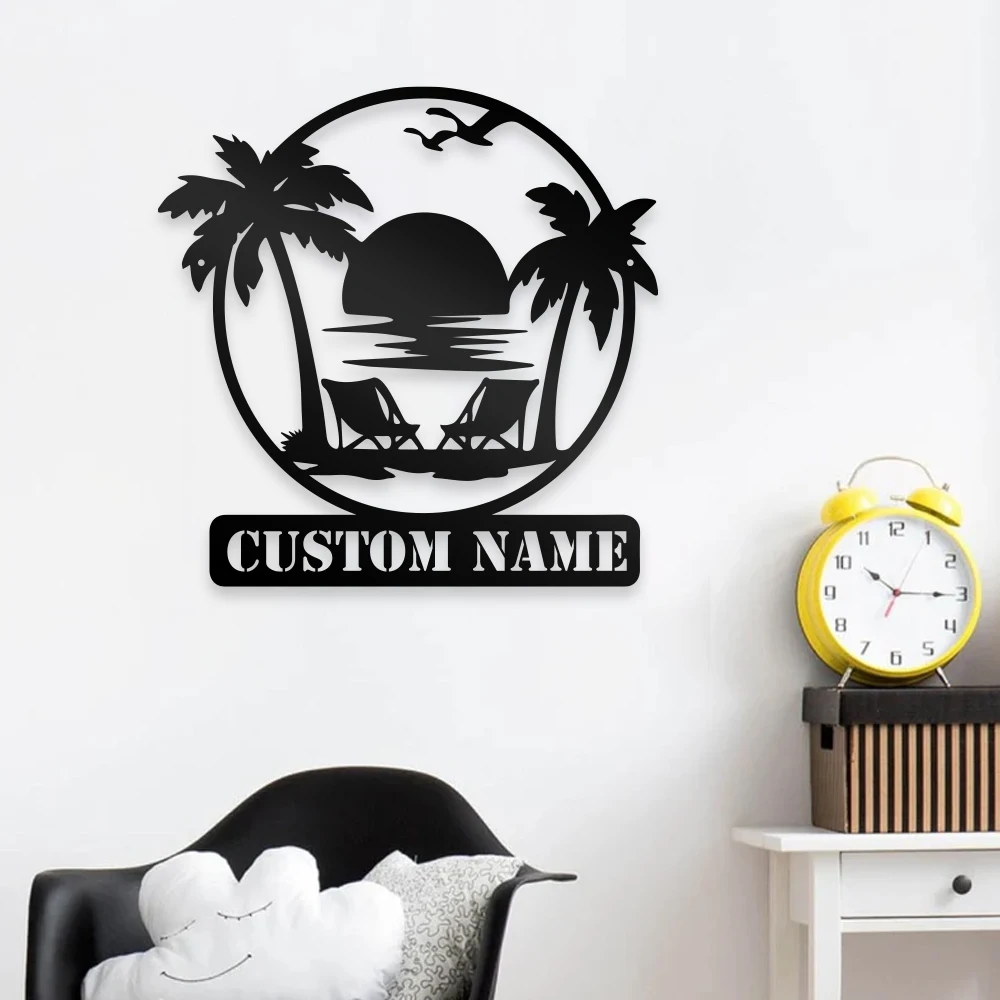 

1pc Coconut tree beach chair sunset creative Custom Name Metal Wall Signs Metal Wall Plaque for beauty or hairdressed