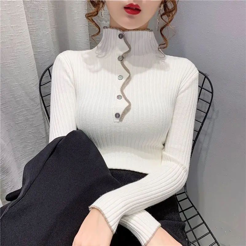 2023 AutumnWinter Korean Style Popular Turtleneck Buttons Up Women Clothes Casual Slim Simplicity Simple Long Sleeved Pullover