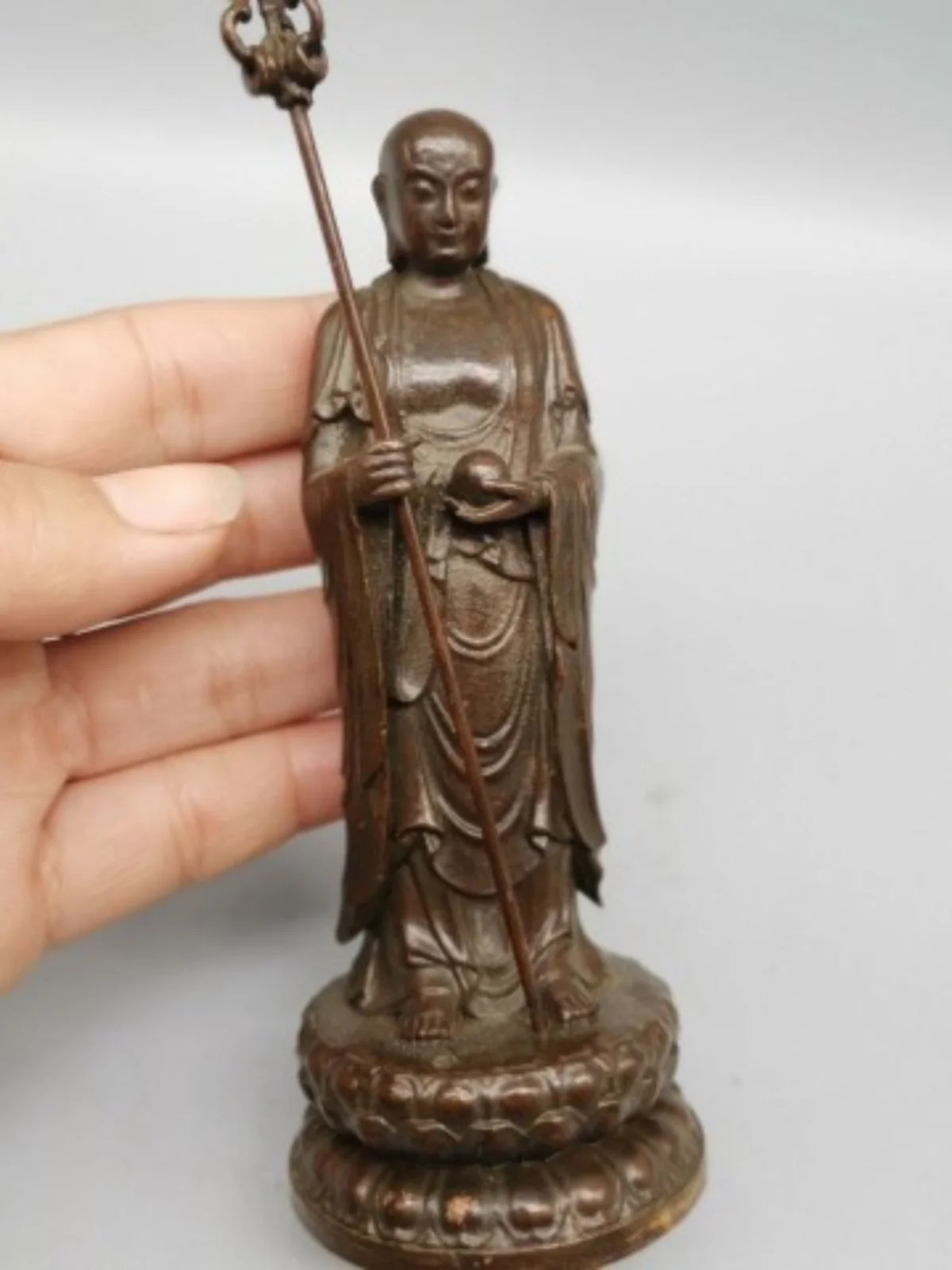 Antique Purple Copper Earth Treasure King Tang Sanzang Buddha Statue Bronze Buddha Statue Station Lotus Earth Treasure Crafts Ea