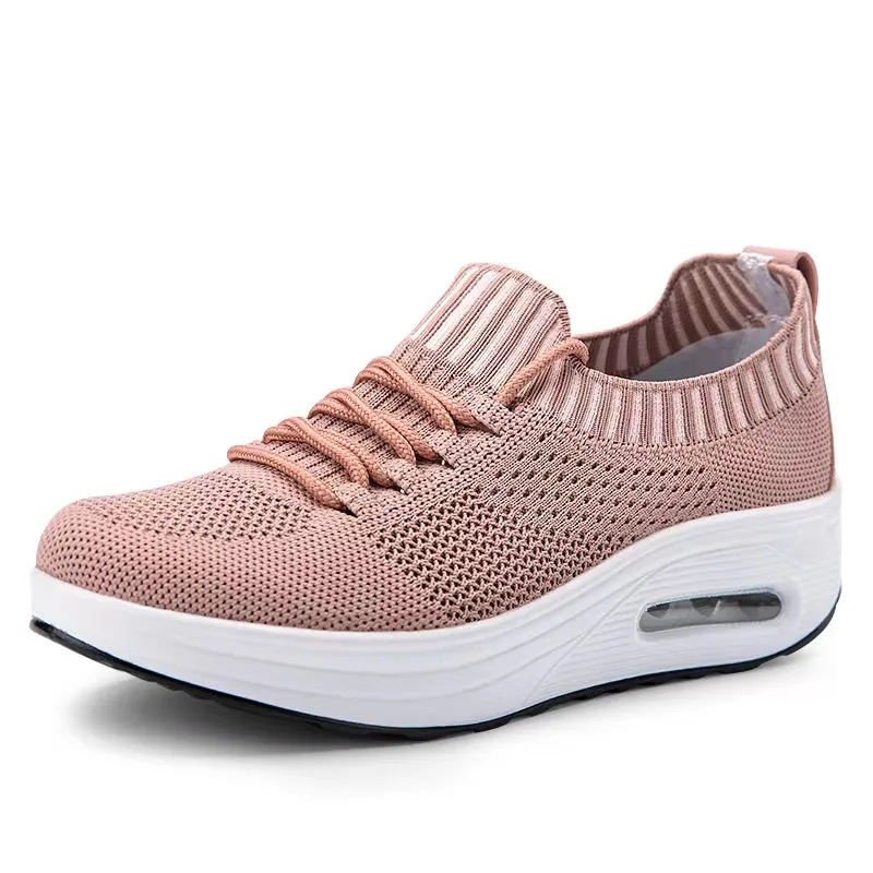 Breathable Knit Casual Shoes Women's Lace Up Platform Sneakers Slim Wedges Outdoor Walk Shoes Female Height Increase Swing Shoes