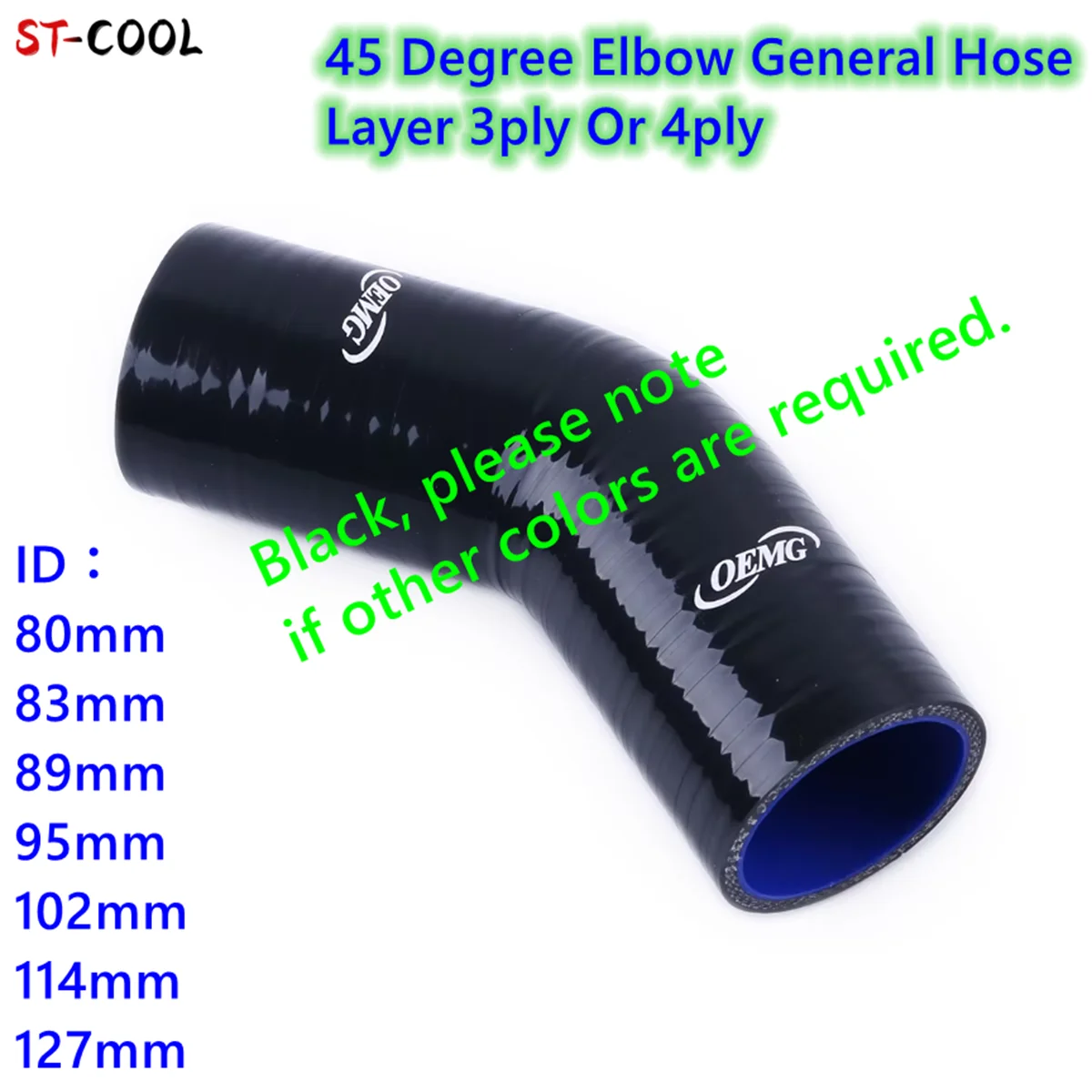 Black 45 Degree Elbow General Silicone Hose ID 80mm 83mm 89mm 95mm 102mm 114mm 127mm Coolant Intercooler Pipe Tube