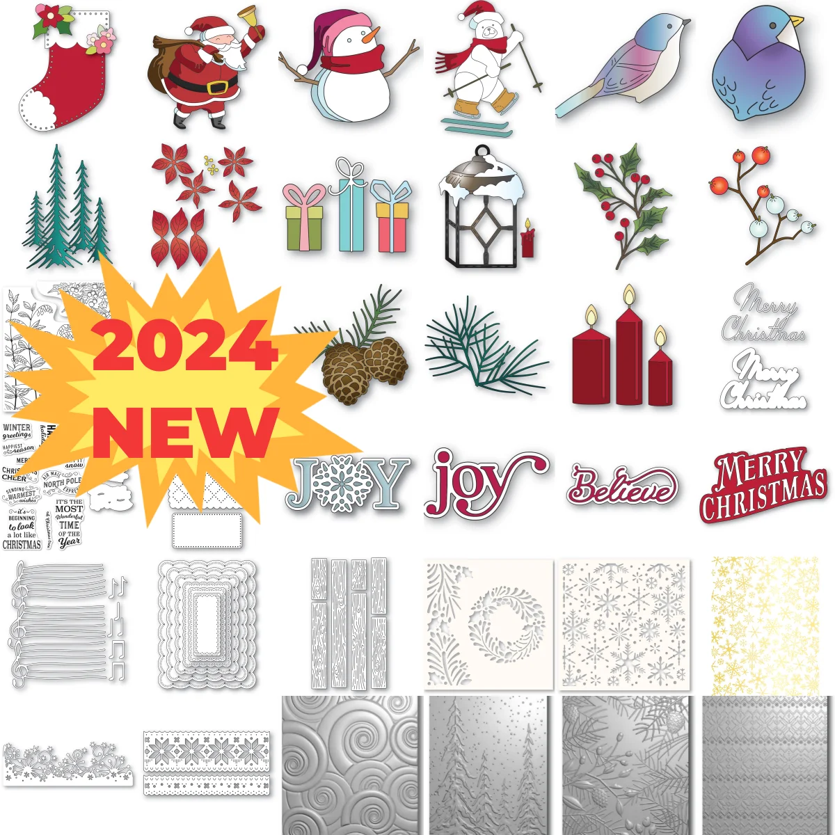 

2024 Christmas Santa Claus Tree Poinsettias Metal Cutting Die Clear Stamps Stencil Hot Foil for DIY Decorating Card Craft