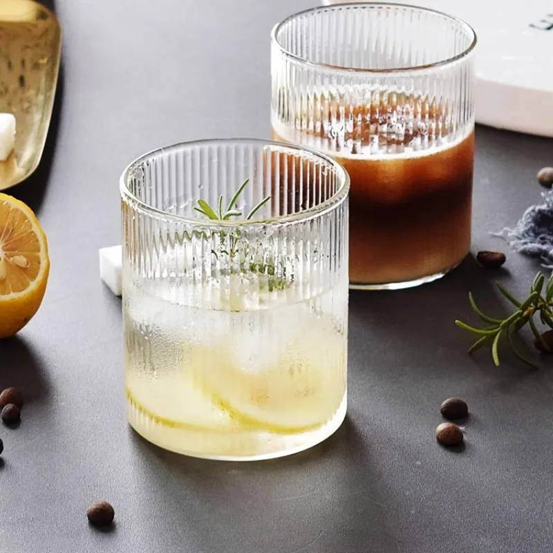

2pcs Stripe Glass Cups, Vintage Cocktail Glassware for Lattes, Transparent Iced Coffee Cups Heat-resistant American Coffee Mug