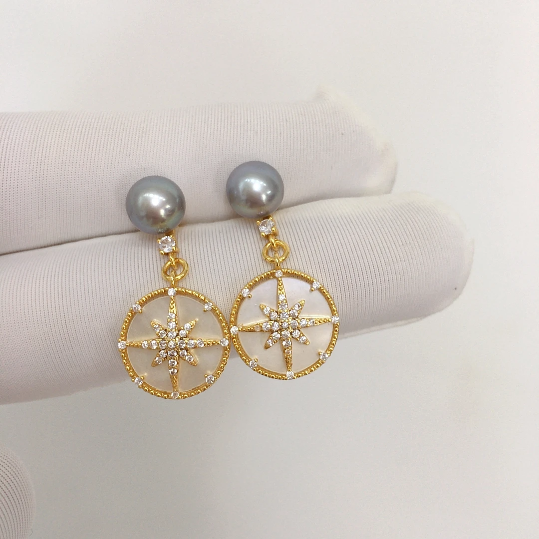 ZHBORUINI Natural Freshwater Pearl Earrings Female Hexagonal Star Micro Inlaid Zircon Natural Sea Shell Pearl Accessories Gift