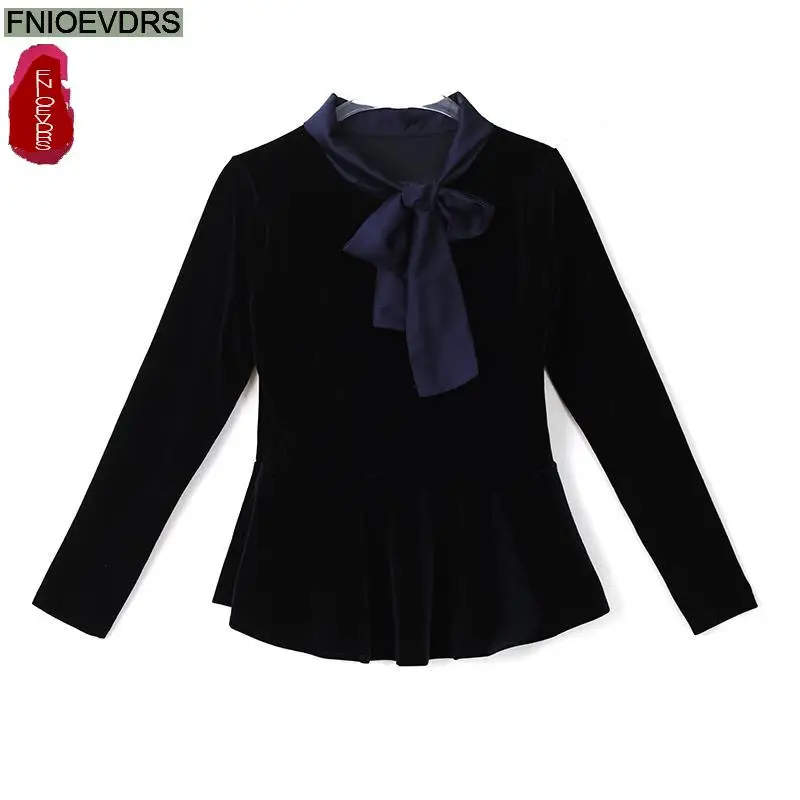 Office Shirts Basic Wear New Design Women Autumn Winter Work Lady Velvet Tops Long Sleeve Short Bow Tie Blouses