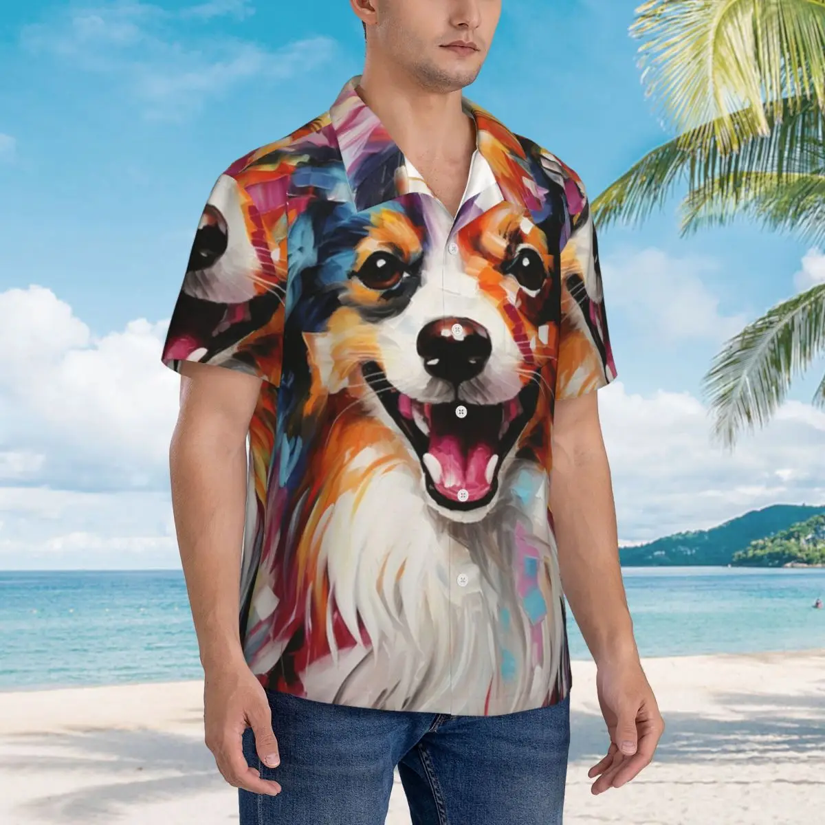 

A Papillon Dog Masterpiece Hawaiian Shirts Funny Men Short Sleeve Shirt for Summer Beach Men's Lapel Tops