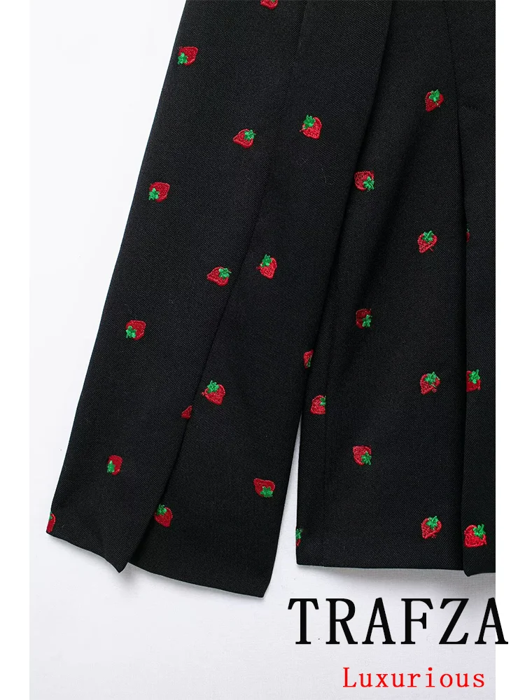 TRAFZA Vintage Casual Chic Print Women Suit Single Breasted Button Blazer Pocket Mini Skirt New Fashion 2024 Autumn Winter Suit