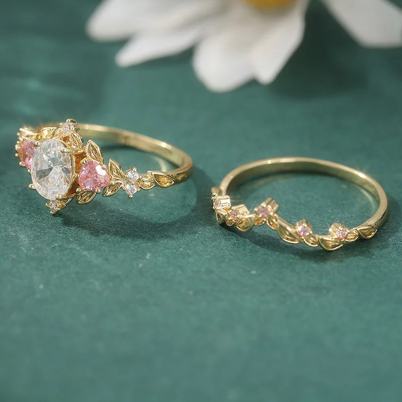 2 Pcs/set Retro Elegant Pink Synthetic Zircon Ring, Ladies' Engagement Proposal Gift, Jewelry view 6