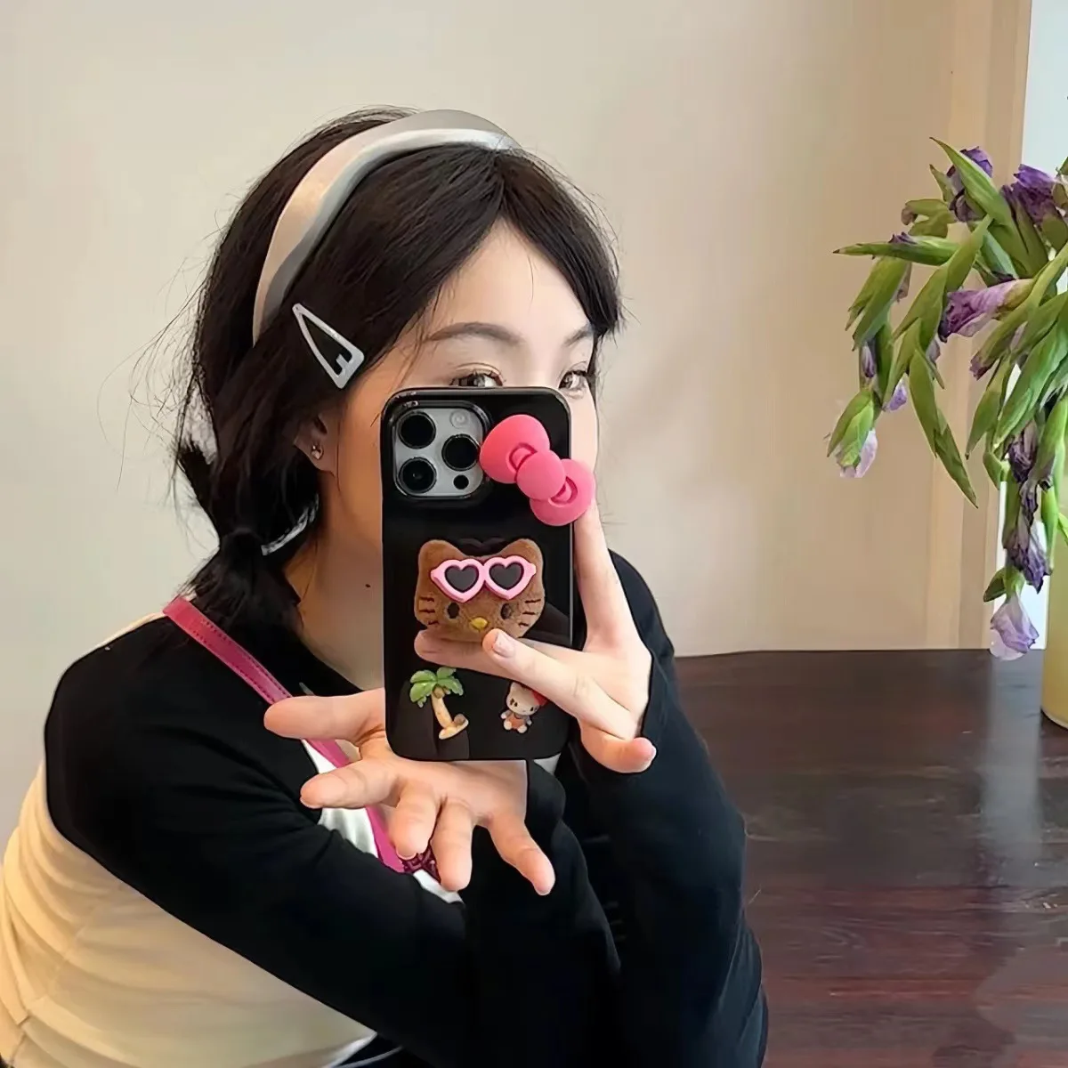 Cute Black skin plush Hello Kitty Phone Case For Iphone 15 14 13 Promax Y2k Girl 3D Doll sanrio bow Phone Protective Cover