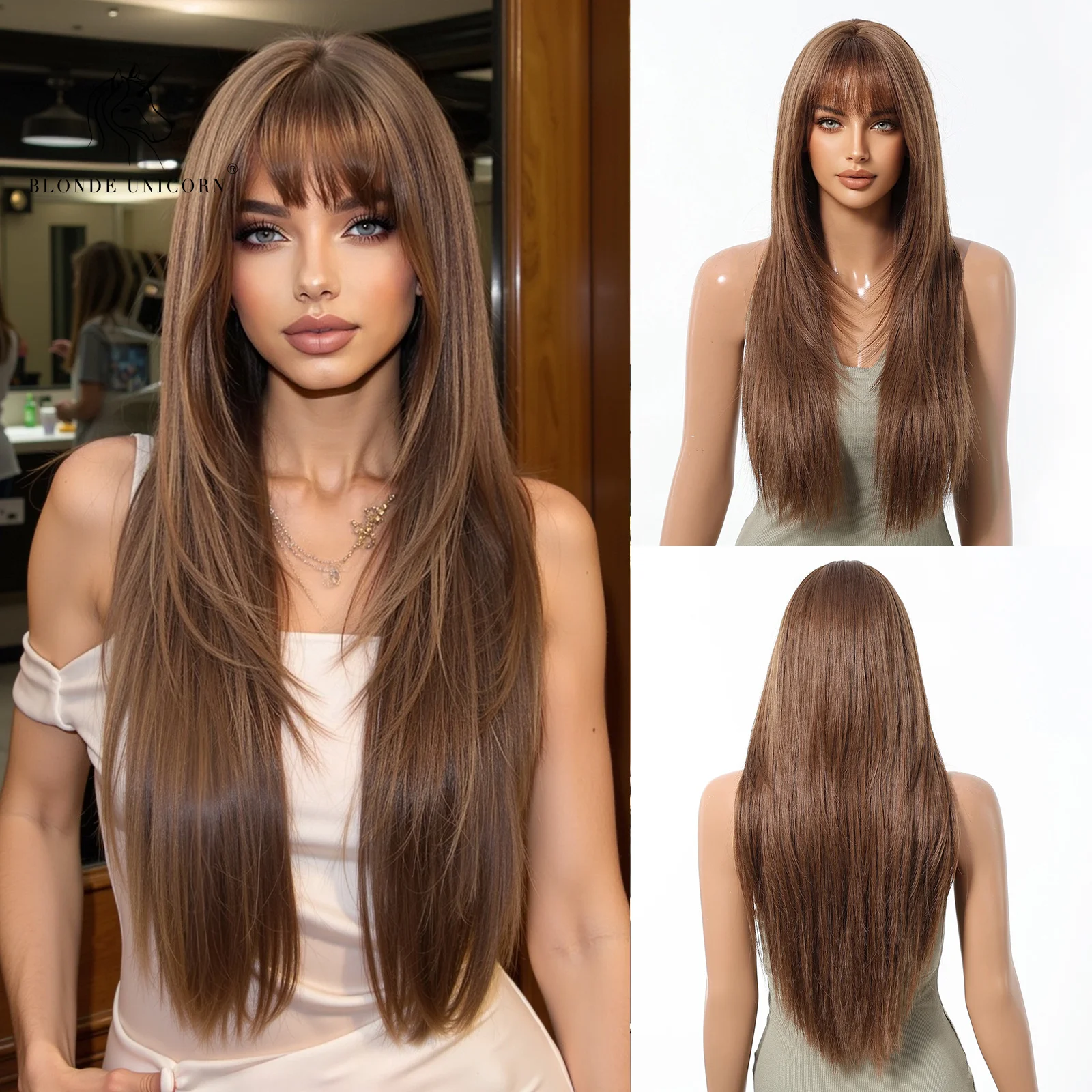 

BLONDE UNICORN Synthetic Wigs Brown Long Straight Wig with Bangs Long Women Girls Soft Natural Daily Hair Cosplay Halloween