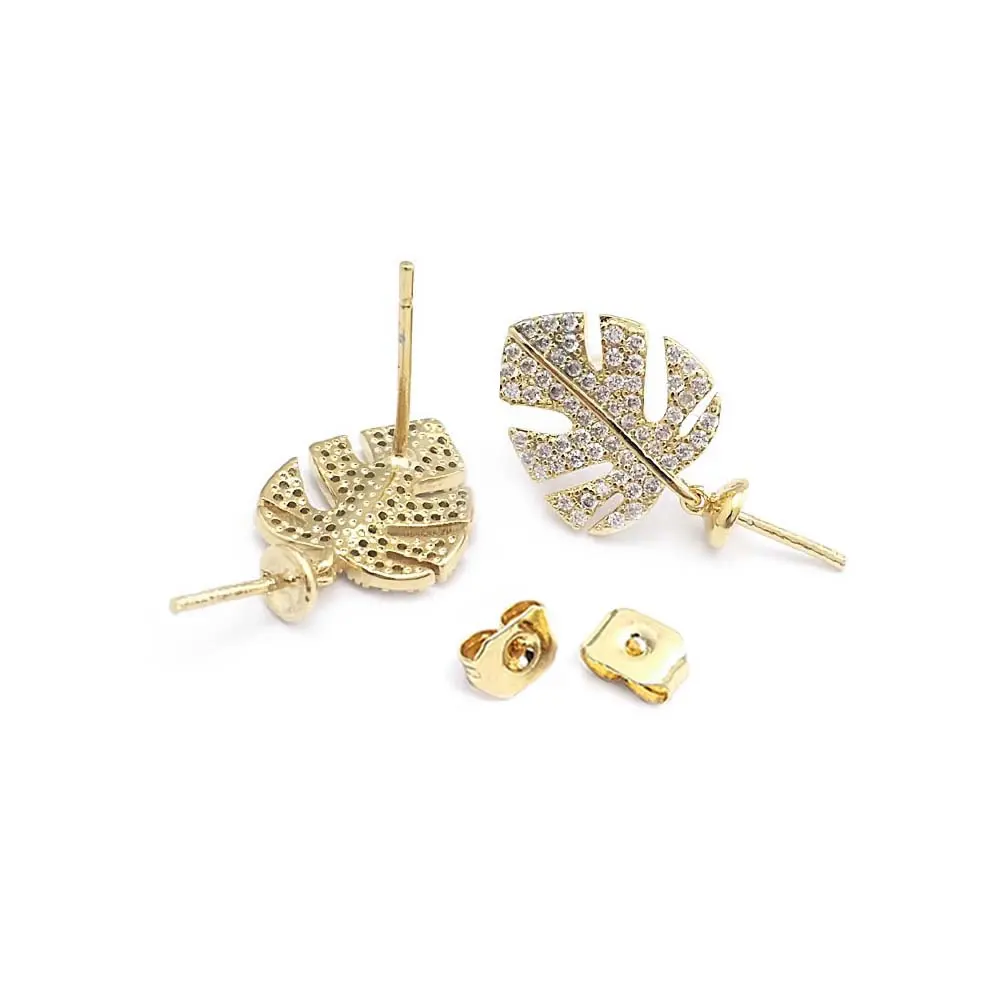 18K Gold Color Brass and Zircon Can Fit Half Hole Beads Stud Earrings Pins Earrings Jewelry Making Supplies Findings Accessories