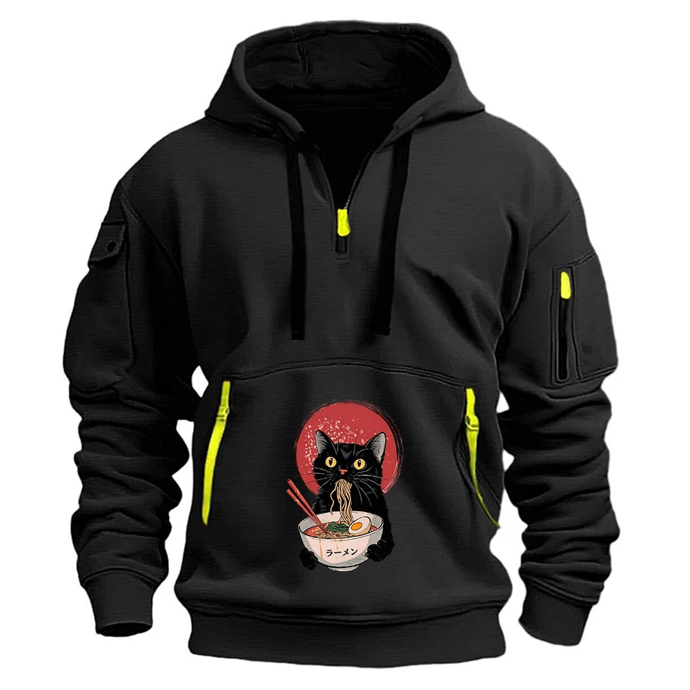 2025 Spring Autumn Noodle Ramen Cat New Men's Sports Half Zipper Hooded Arm Pocket Loose Casual Sweatshirt Jacket