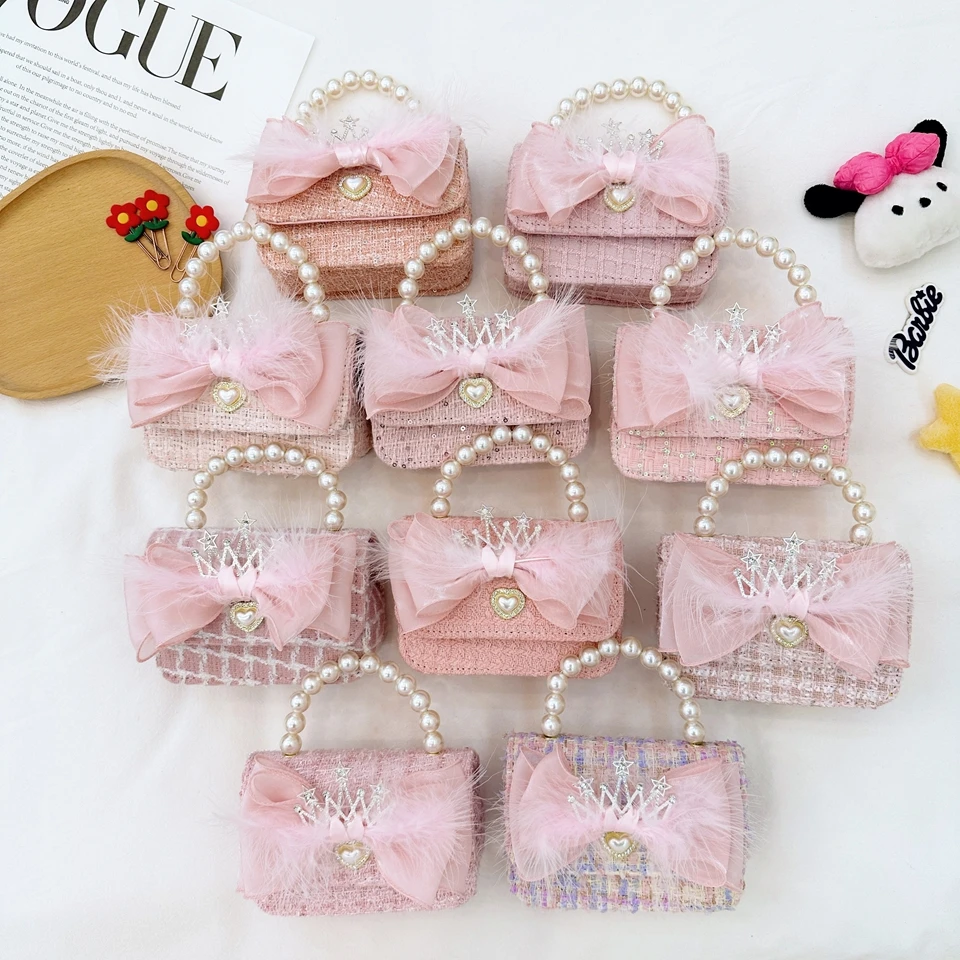 New children's fashion little fragrant wind princess bag baby bow bag little girl pearl handheld crossbody bag kids hand bag