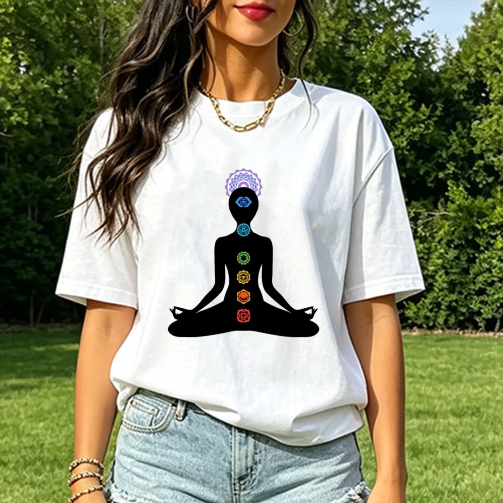 Chakra Meditation Silhouette Graphic Tee Spiritual Yoga Balance Energy Women Cotton Tshirt Vintage Streetwear Tops Cotton Tees