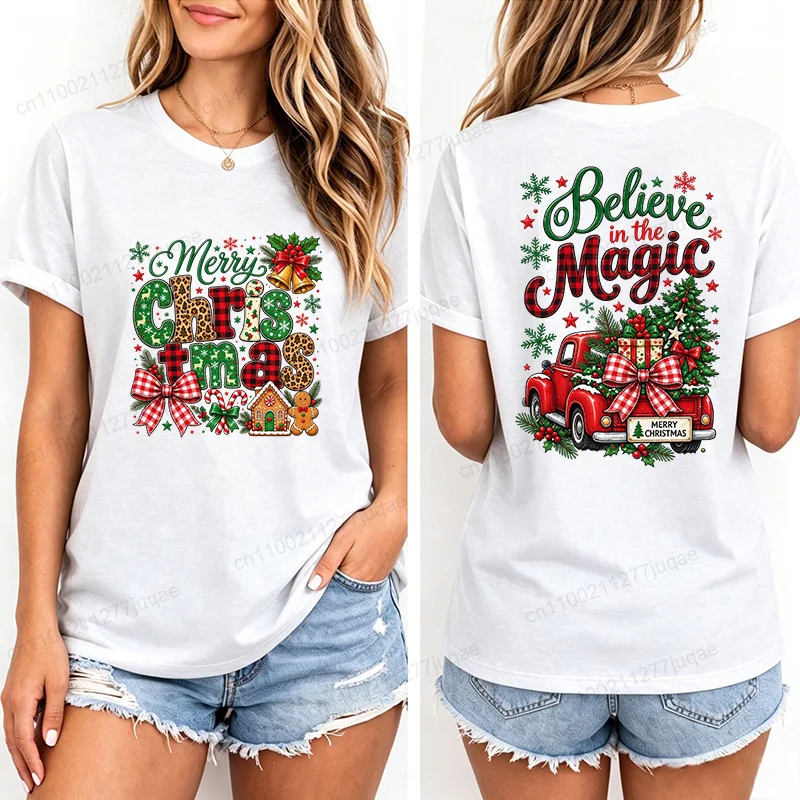 Women Believe in The Magic Red Truck Print T‑Shirt Merry Christmas Graphic Short Sleeve O‑Neck Holiday Tee Tops Xmas Party Tops