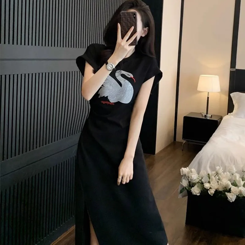 French Style Dress Women's Summer Pleated Waist Cover Pink T-shirt Skirt