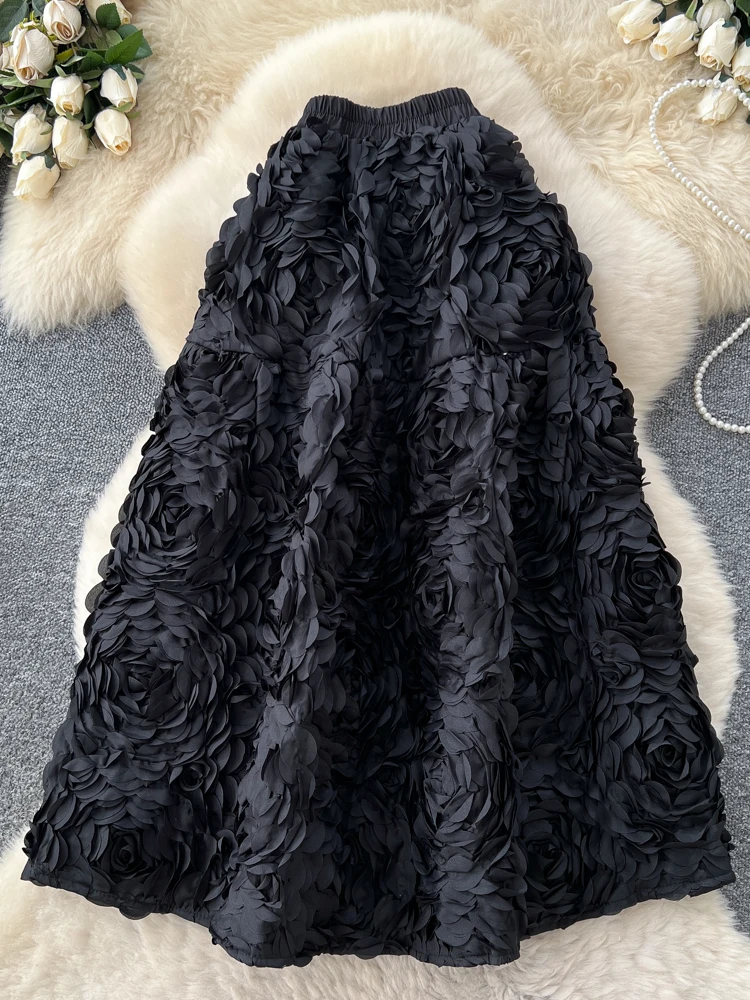Fashionable 3D Floral Heavy Embroidery Half Skirt Women's Puffy High Waist Slimming Skirt Korean Style Commute Polyester Fiber