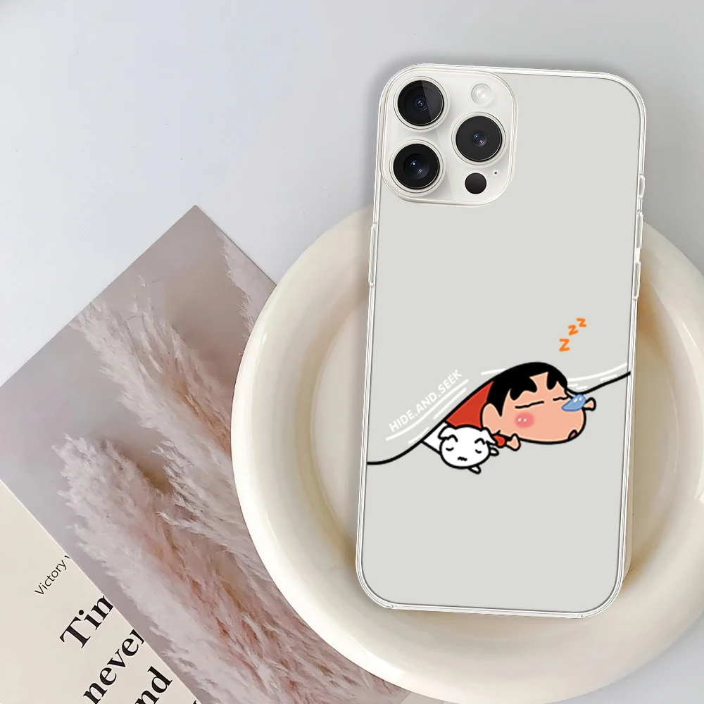 Anime Cartoon C-Crayon S-Shin-chan Phone Case for iPhone 12 11 13 14 15 16 Max Pro Plus Transparent Soft Shell