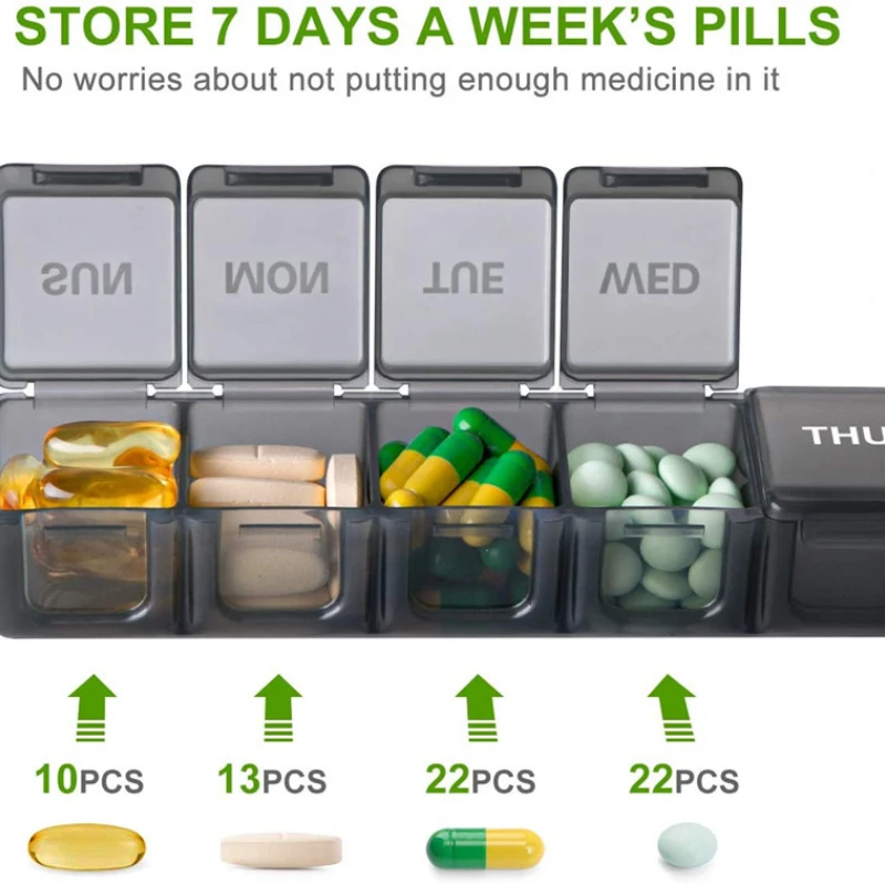 7 Days Pill Medicine Box Weekly Cases Large Grids Organizer Pills Box for Tablets Vitamins Medicine Fish Oils Sub-packed Time