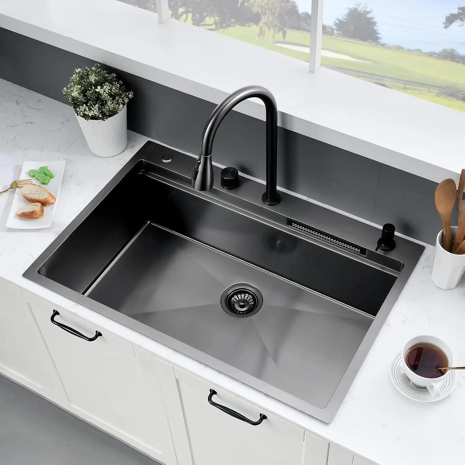 33×22 Waterfall Kitchen Sink Drop In-Somrxo 33 X 22 Drop In Kitchen Sink With Waterfall Workstation Sink 16 Gauge Black