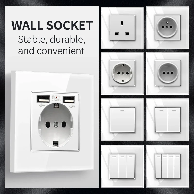 Wall Plate Outlet EU RU Russian Socket and Switch Multi Power Outlet Dual USB Type-C White Glass Panel 86mm x 86mm / 146 x 86