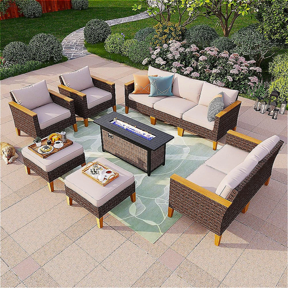 

10-Piece Outdoor Sectional Patio Conversation Set with 56" Fire Pit Table Table, Outdoor Rattan Furniture Patio Set for 9 Seats