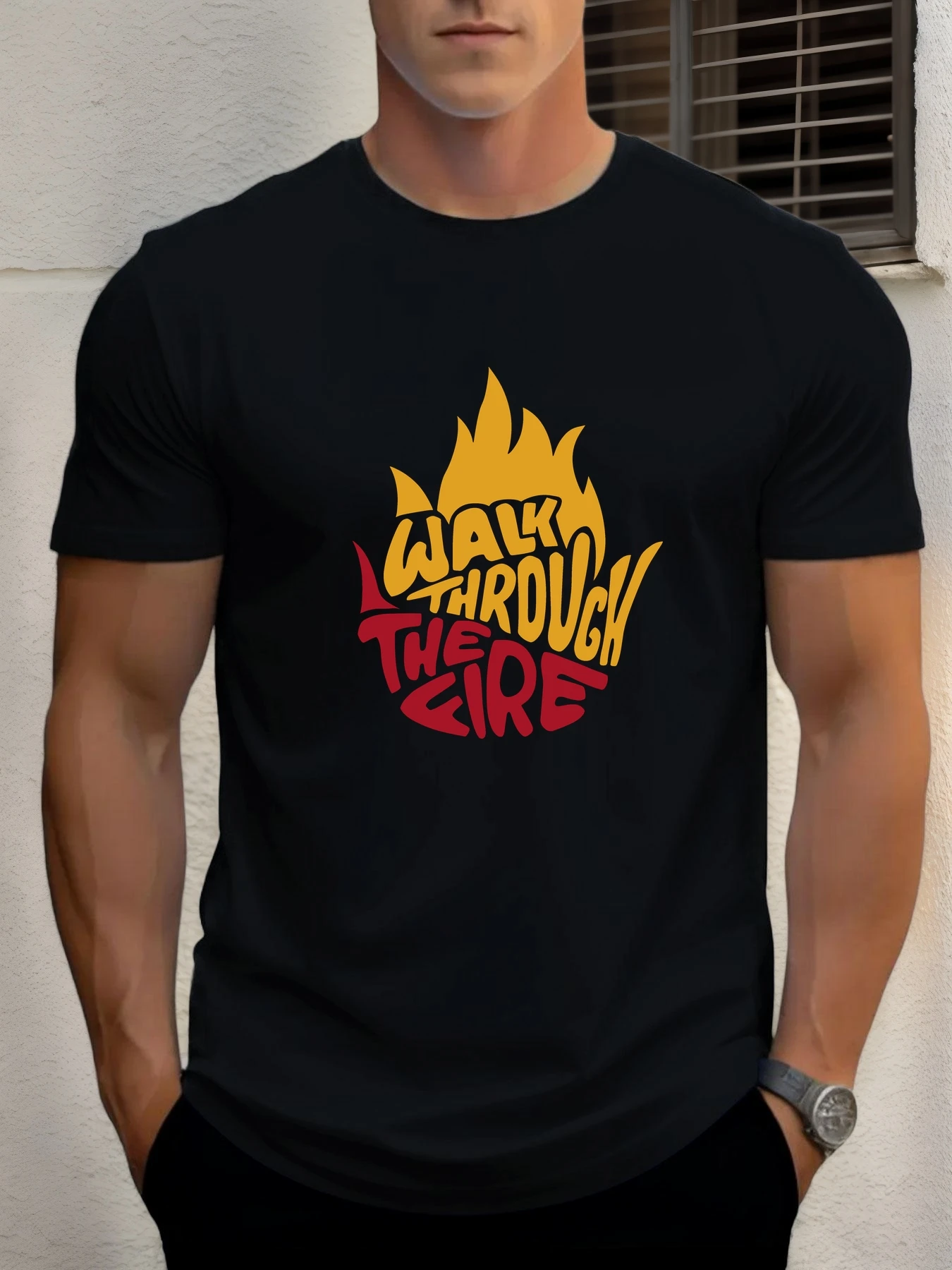 

Men's Cotton T-Shirt, Summer Crew Neck Short Sleeve, WALK THROUGH THE FIRE Printed Breathable Streetwear Fashion Cool T-Shirt