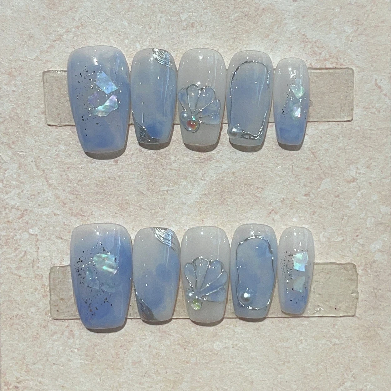 Uñas postizas pintadas a mano, 10 piezas, mariposa, cubierta completa, flor azul, Ballet francés, usable, manicura