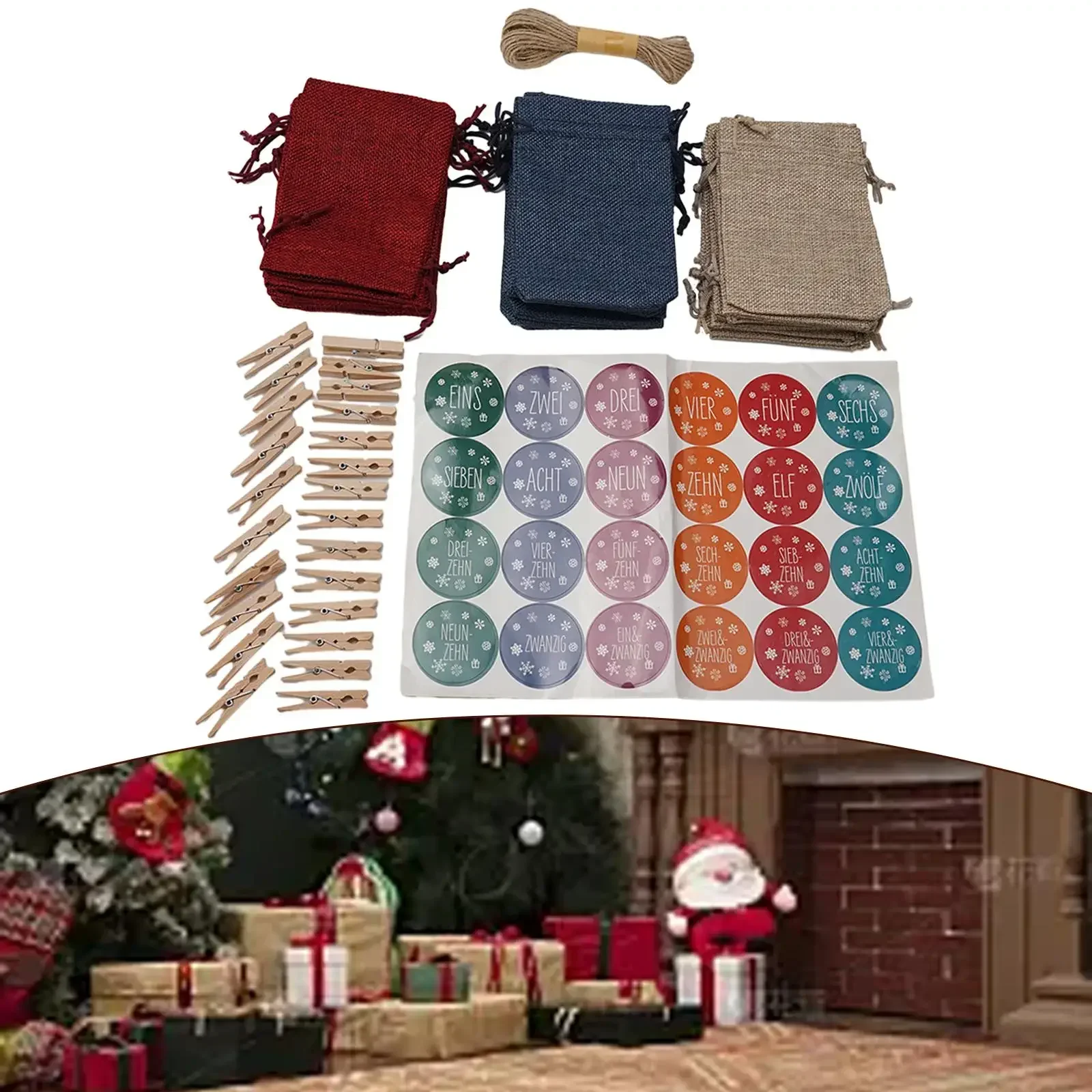 24 mini bolsas de arpillera para calendario de Adviento de Navidad, sacos colgantes de árbol de Navidad rellenables con hilo y pinzas de madera