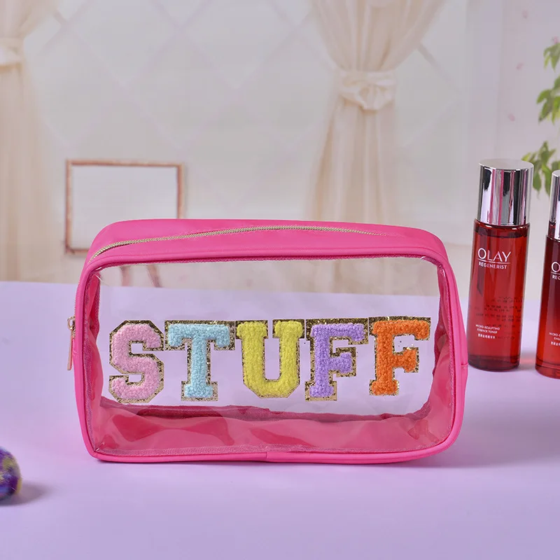 Waterproof transparent PVC towel embroidered letter travel toiletries and cosmetics storage bag