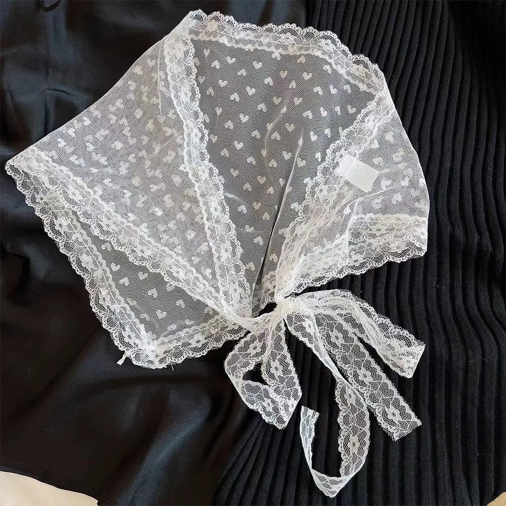Sweet Embroidered Lace Triangle Headscarf Hollow-out White Hair Bandana Woven Floral Pastoral Style Lace Skirt for Women Girls