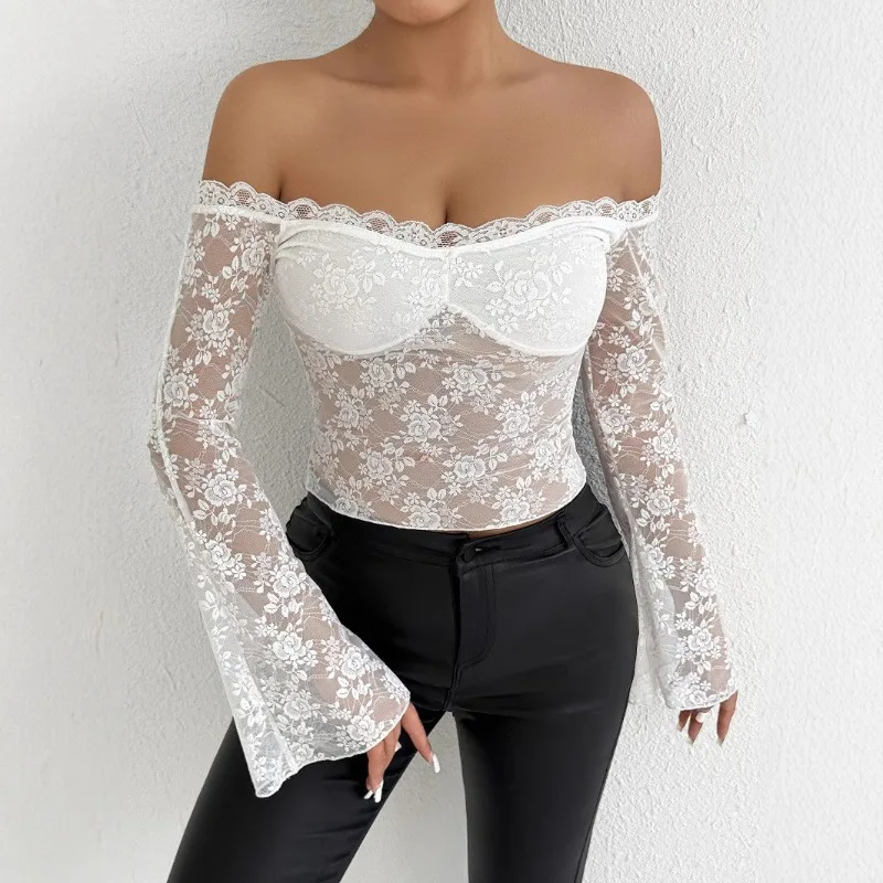 

2025 Summer New Sexy One Collar Off Shoulder Long Sleeve Fashion Women's T-shirt Lace Bottom with Insert Shoulder Sleeve Top