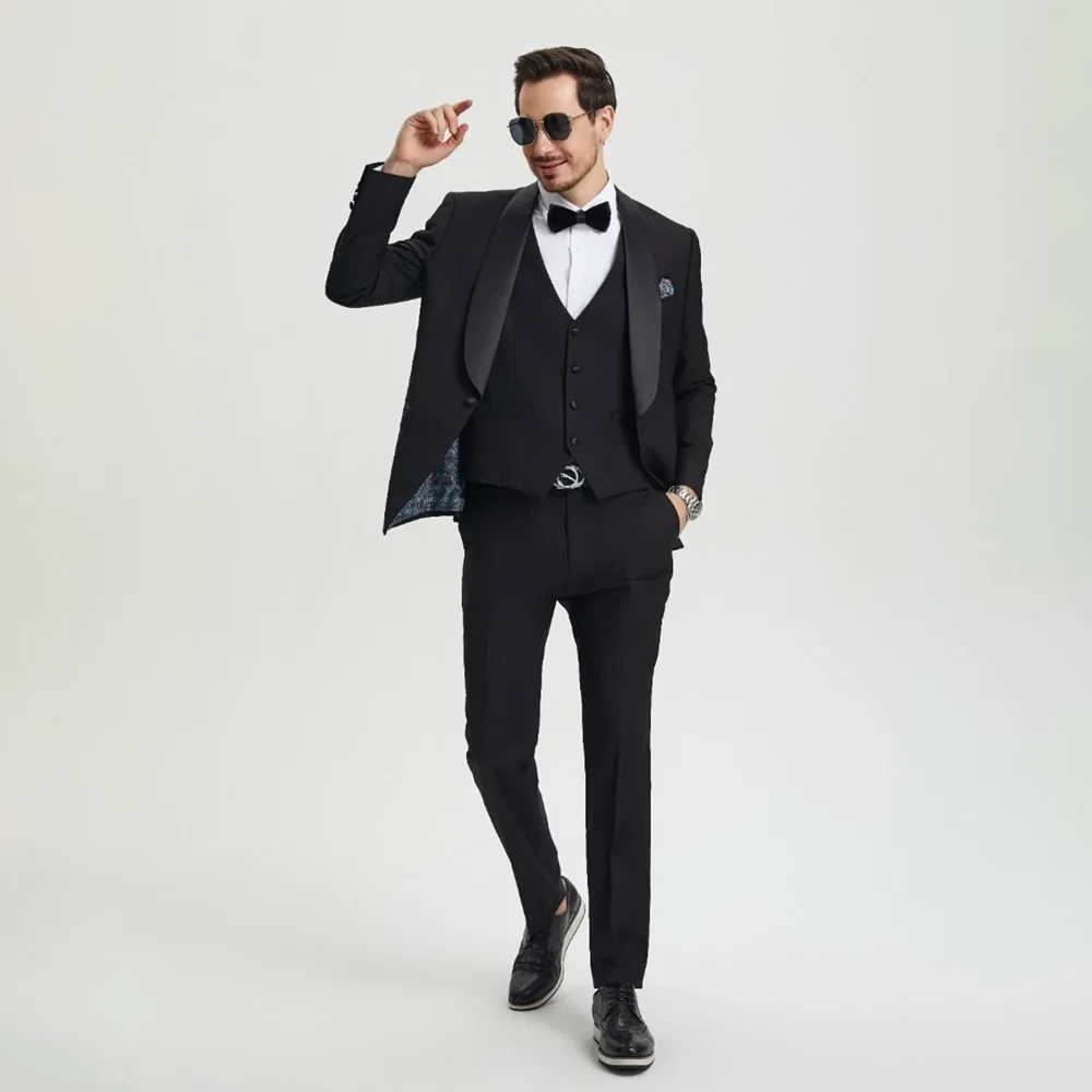 

Black Men's Suits Elegant Shawl Lapel Solid Outfits Groom Party Single Button Wedding Dresses 3 Piece (Jacket+Vest+Pants)