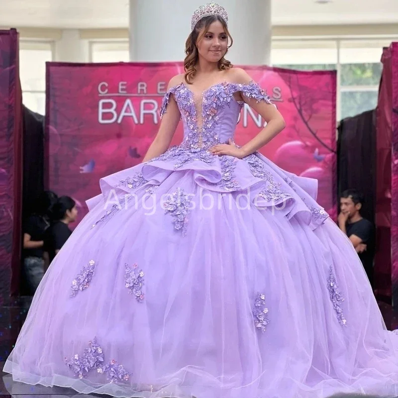 

Angelsbride Lavender Ball Gown Quinceanera Dresses With 3D Flora Sweetheart Off Shoulder Sweet 16 Corset Vestidos XV Años