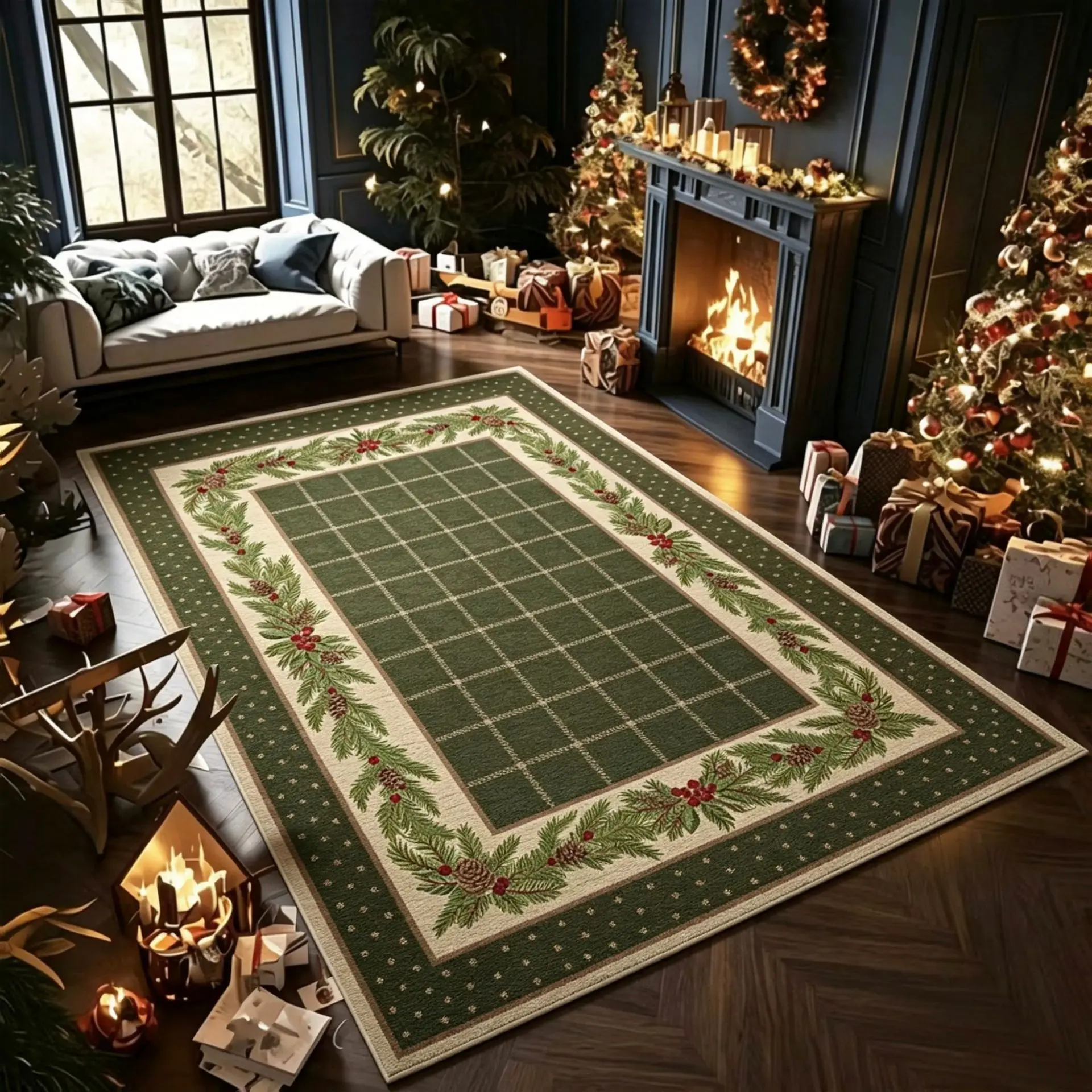 VIKAMA Buffalo Plaid Area Rug Cream Check Soft Crystal Velvet Carpet Farmhouse Living Room Bedroom Xmas Decor Rug 80x160 cm