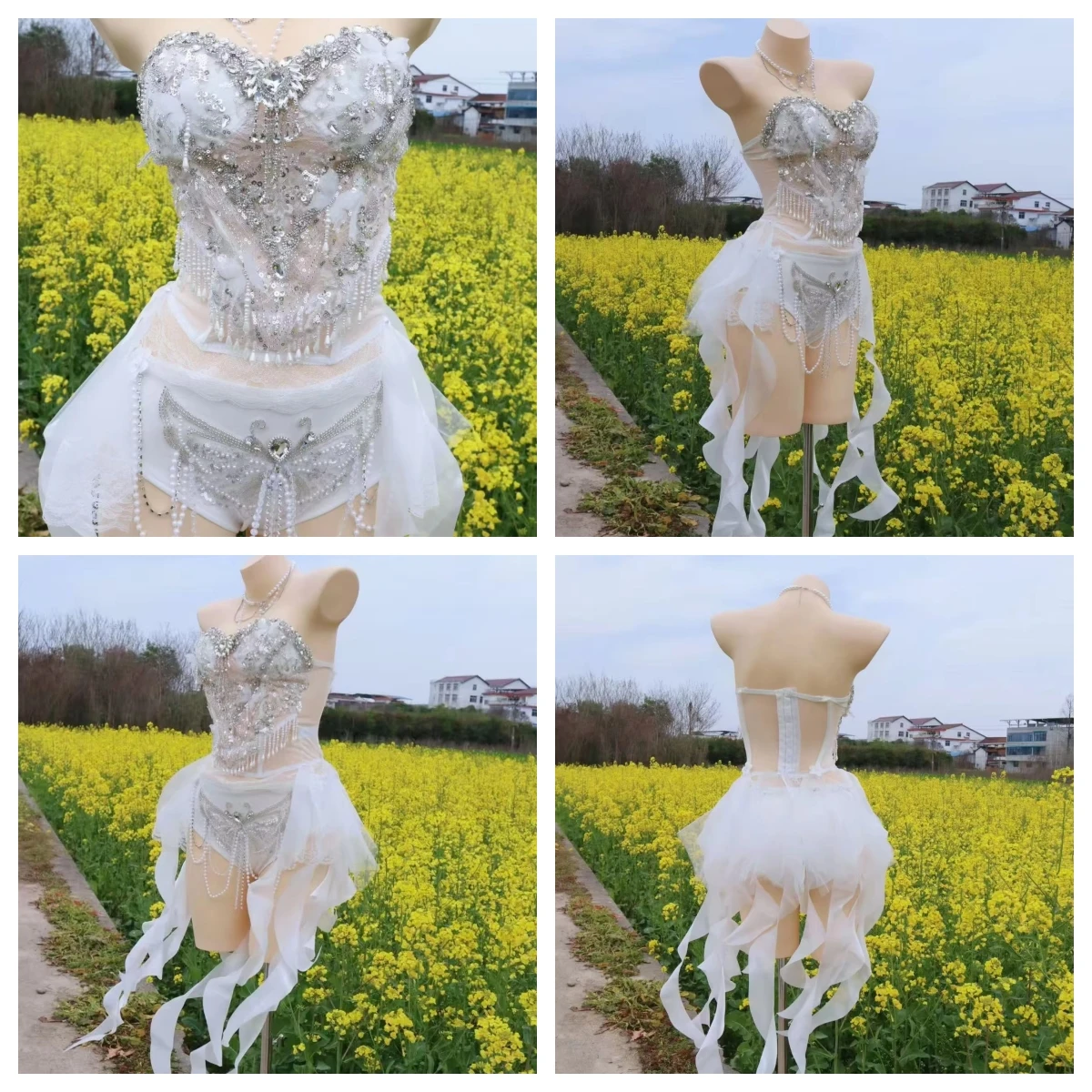 Flower Suspender Sexy Strapless Diamond Pearl Tassel Bikini Ribbon Gauze Skirt Outfit Singer Dnace Stage Bar Nightclub Party Set