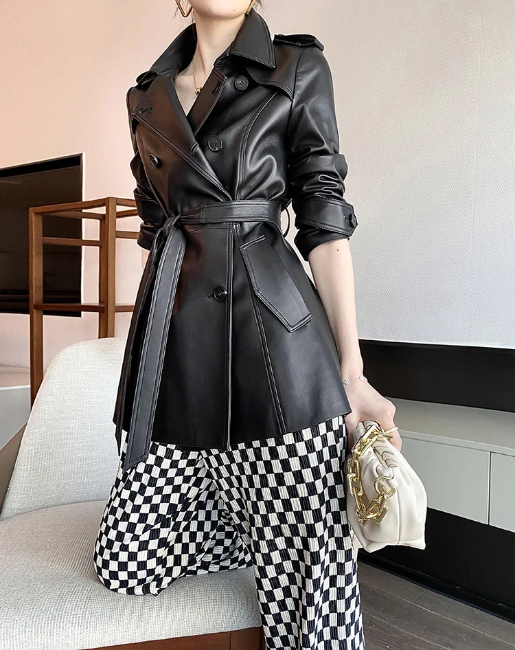 2023 Hot Sale British Style Real Leather Short Trench Coat For Women Autumn Winter Female Double Breasted Genuine Sheeskin Belte