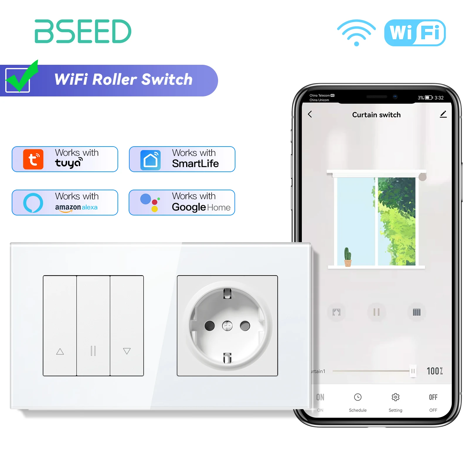 BSEED Wifi Smart Blind Shutter Schalter Mechanische Tasten App Steuerung Plus Licht Normale EU Buchse USB Typ-c Schnelle aufladen 5