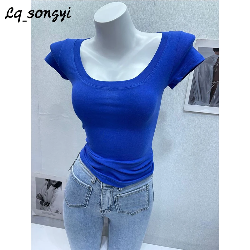 

Lq_songyi Deep O Neck T Shirts Candy Color Slim Fit T Shirt Women High Strech Tops Spring Summer Short Sleeve Solid Cotton Top